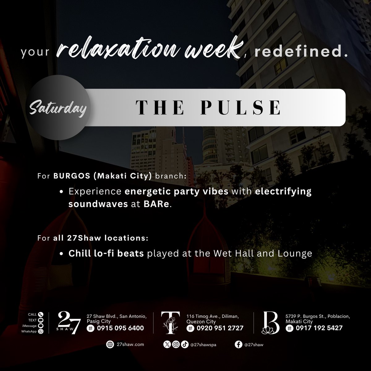 27shawspa's tweet photo. Saturday is where the pulse picks up. 🖤
For an evening full of energy, “The Pulse”—where BARe comes alive with party vibes and good company. 🪩
✨ https://t.co/8v8vA6YPLp
#ThisIs27Shaw
#27Shaw #Tby27Shaw #Bby27Shaw https://t.co/k9WZX2VrdU