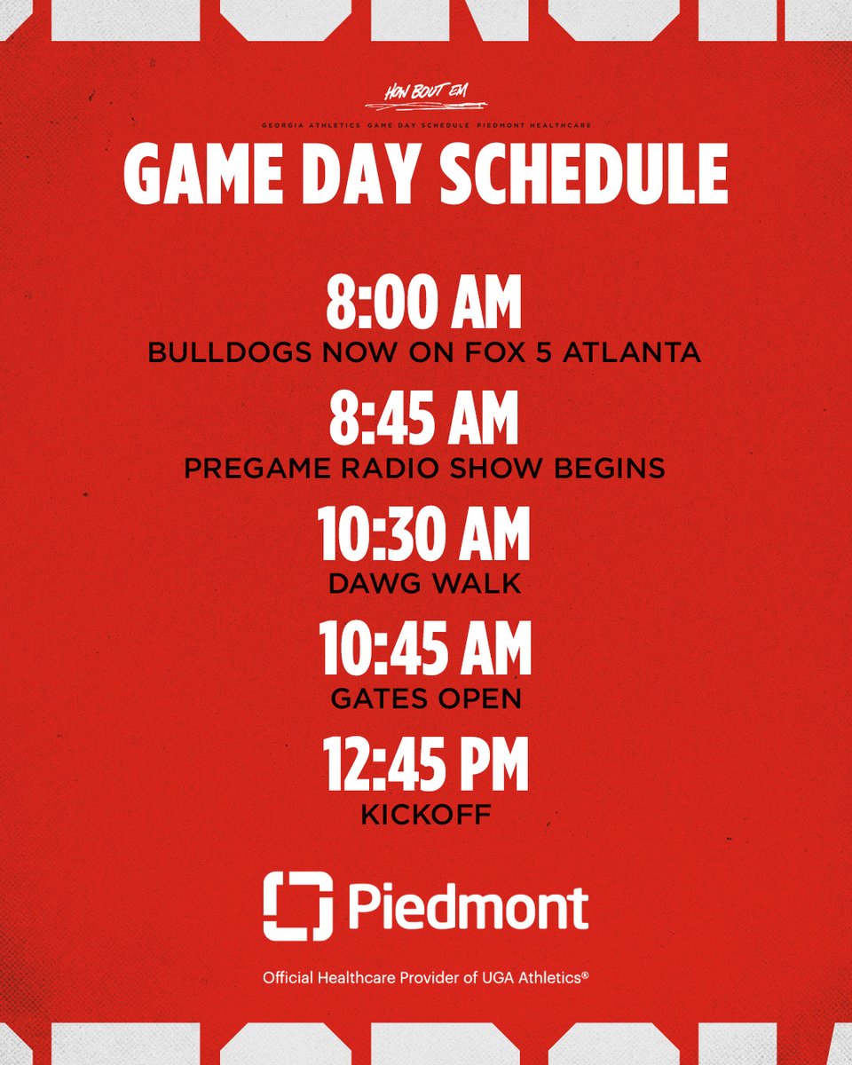 UGAAthletics's tweet photo. Reminder that the Dawg Walk will begin at 10:30am and gates will open at 10:45am.

#GoDawgs | @PiedmontHealth https://t.co/cwYLJ6J9Si