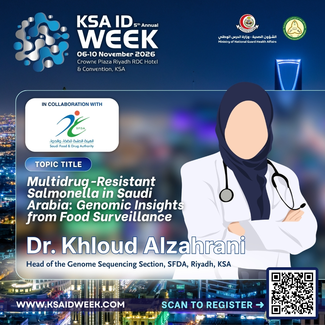 IDprofs's tweet photo. We are please to welcome DR. KHLOUD ALZAHRANI of SFDA to KSA ID Week 2026. 📢

Learn from the expert - register today!
📅 6-10 November 2026 | 📍 Crowne Plaza RDC, KSA
🌐 https://t.co/lE7NvY6ltJ

#KSAIDWeek2026 #InfectiousDiseases #MedicalEducation #Riyadh #SaudiArabia https://t.co/xjlkvdhADR