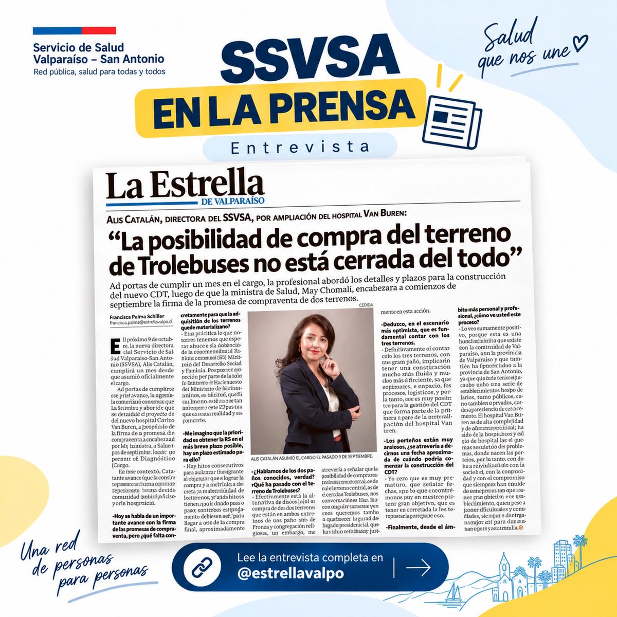 SSVSA's tweet photo. 📰 #SSVSAEnLaPrensa | La directora del SSVSA, Alis Catalán, abordó en @laestrellavalpo los avances del nuevo CDT del Hospital Carlos @VAN_BUREN_ y los próximos pasos para concretar este importante proyecto para la salud pública.

#SomosRed #HospitalCarlosVanBuren #SSVSA🏥 https://t.co/alpzQ657ZH