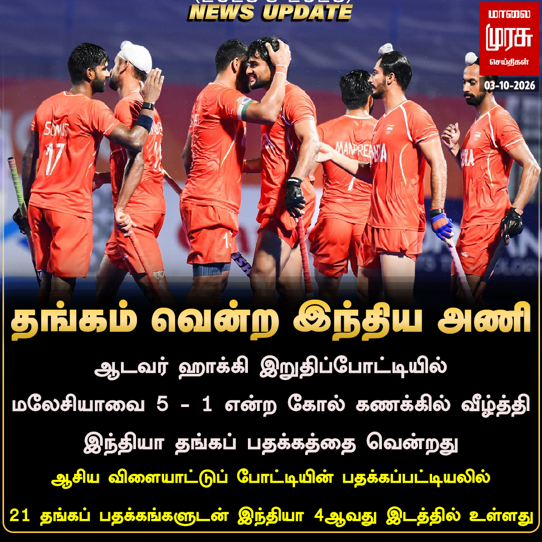 MalaimurasuTv's tweet photo. ஆசிய விளையாட்டு ஹாக்கி போட்டியில் இந்திய ஆடவர் அணி தங்கப் பதக்கம் வென்றது
#Malaimurasu #Newsupdate #HockeyIndia #IndiaKaGame #AsianGames2026 https://t.co/MIc7hwse3M