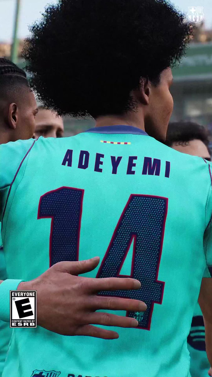 A back view of a soccer player wearing a teal FC Barcelona jersey with "ADEYEMI" and the number "14" displayed on it, shown in what appears to be the eFootball video game, with a small Barcelona crest visible in the upper right corner and an ESRB rating in the lower left.