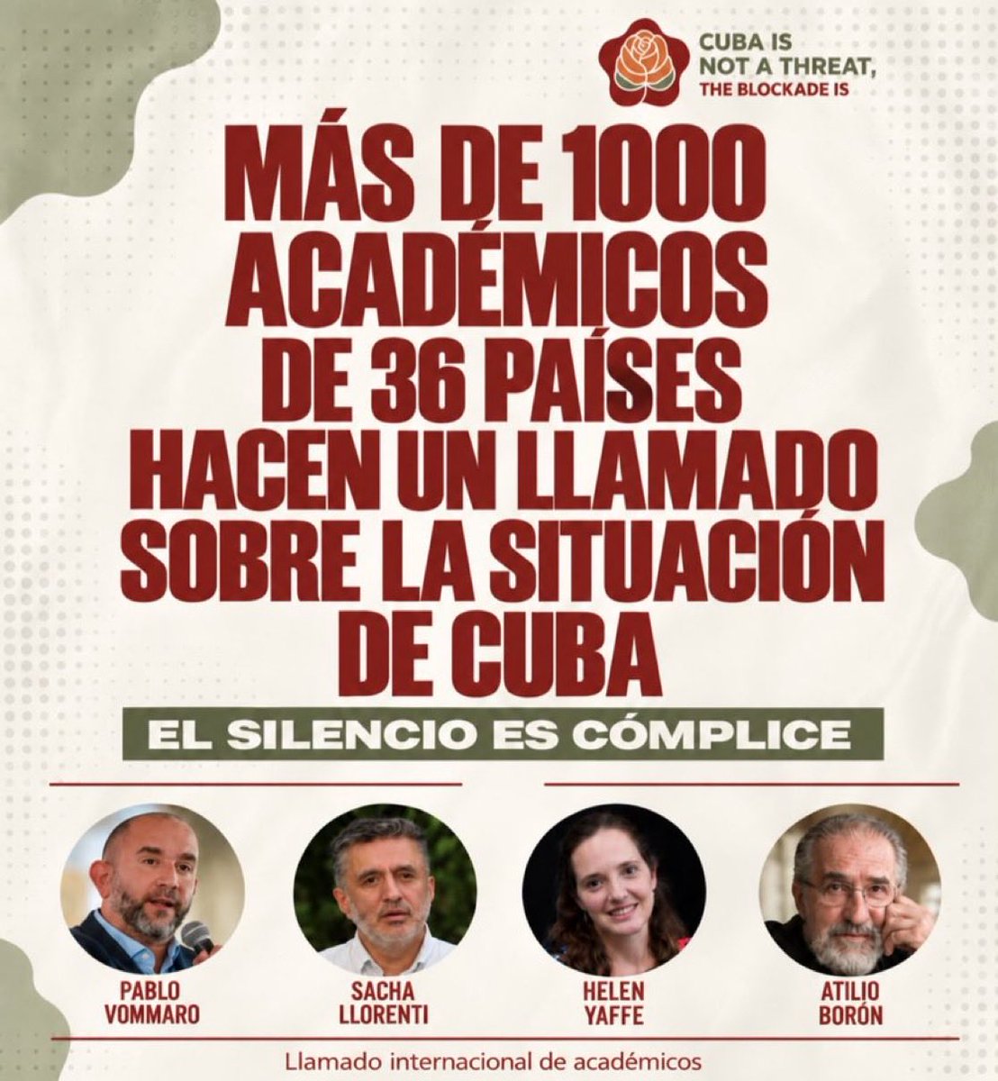 AnayansiRCamejo's tweet photo. Agradecemos a los más de 1000 académicos de todo el mundo, quienes hacen público el llamado a través de un pronunciamiento a “no guardar un silencio cómplice ante los crímenes que perpetra el gobierno de EE.UU. contra el pueblo de Cuba".
#CubaNoEsUnaAmenaza, el bloqueo sí. https://t.co/Om8HZduXgO