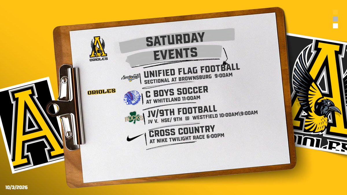 OrioleAthletics's tweet photo. It's Saturday! A huge day for Avon Athletics with Unified Flag Football, C Boys Soccer, JV/9th Football, and Cross Country in action. #GoAvon https://t.co/F64ajsiZLz