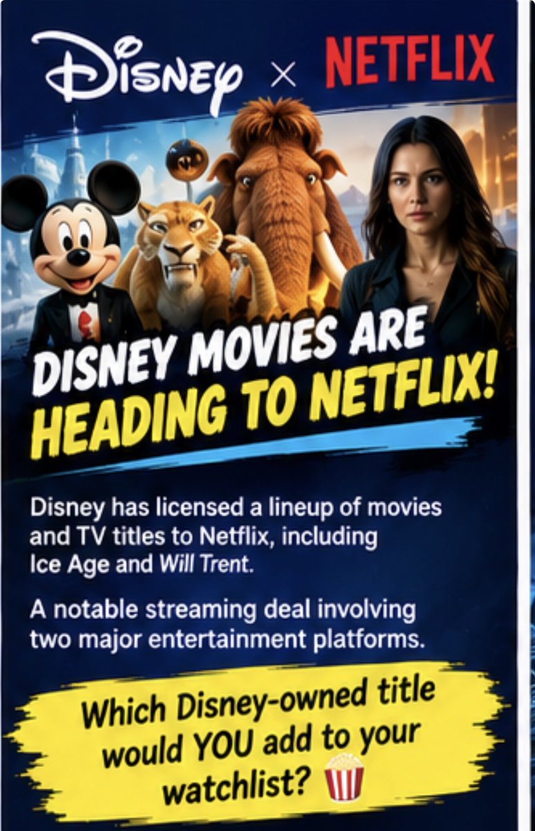 MovieDrops's tweet photo. 🎬 DISNEY MOVIES ARE HEADING TO NETFLIX!

Disney has licensed a lineup of movies and TV titles to Netflix, including Ice Age and Will Trent.

A notable streaming deal involving two major entertainment platforms.

Which Disney-owned title would YOU add to your watchlist? 🍿 https://t.co/NPYKvV9tjY