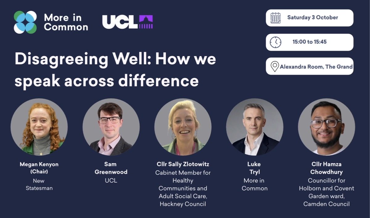 UCLPolicyLab's tweet photo. We’ve arrived in Brighton as our busy conference programme continues with Green Party Conference! Join us @Moreincommon_ and @ucl as we discuss new research on Disagreeing Well and how we can reach out across differences. 3pm at The Grand Alexandra Room https://t.co/sm38nMl4af