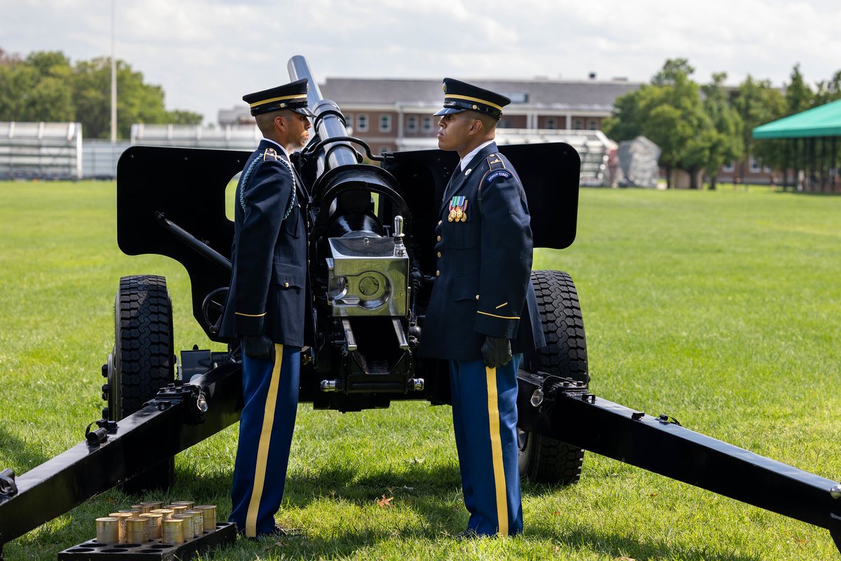 MDW_USARMY's tweet photo. U.S. Soldiers assigned to the Presidential Salute Battery, 1st Battalion, 3d U.S. Infantry Regiment (The Old Guard) fires their M5 cannons to honor the service of Maj. Gen. Duane R. Miller at his retirement ceremony on Fort Myer, Va., Aug. 24, 2026. 

U.S. Army photos by Sgt. Autumn Johnson