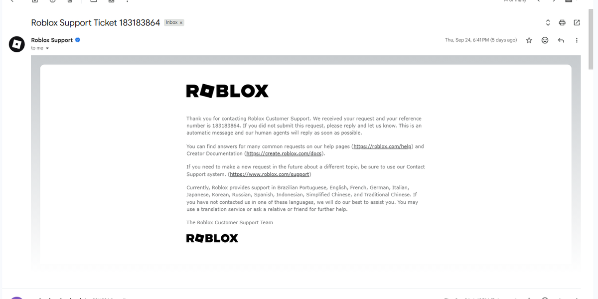 free_kpc's tweet photo. @RoUtilityNews @Sourcemapper 
Hello,
I am a roblox developer, on august 10th i was banned out of nowhere for "child safety" i've tried contacting support
but im just stuck in a violations and appeals loop please help
Username:kpc
Tickets:179519236,180900362,182122520,183183864 https://t.co/RYgVkDMQk2