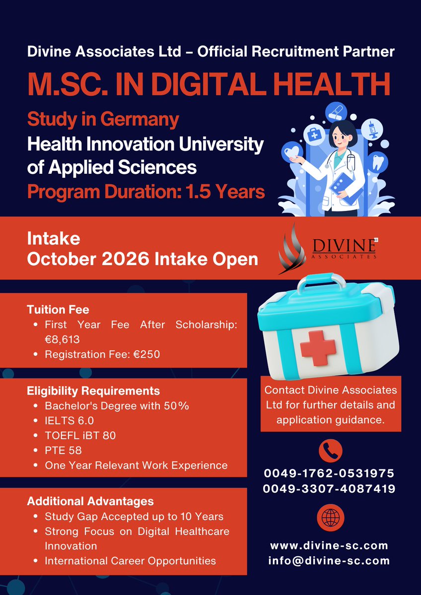 DivineAssociat's tweet photo. 🇩🇪 Study https://t.co/syjixouPWl. Digital Health in Germany! Explore this 1.5-year Master’s programme focused on digital healthcare innovation. 🎓
Check your eligibility with Divine Associates Ltd. 🌍
#StudyInGermany #DigitalHealth #MastersInGermany #MScDigitalHealth https://t.co/tZEk5iFulW