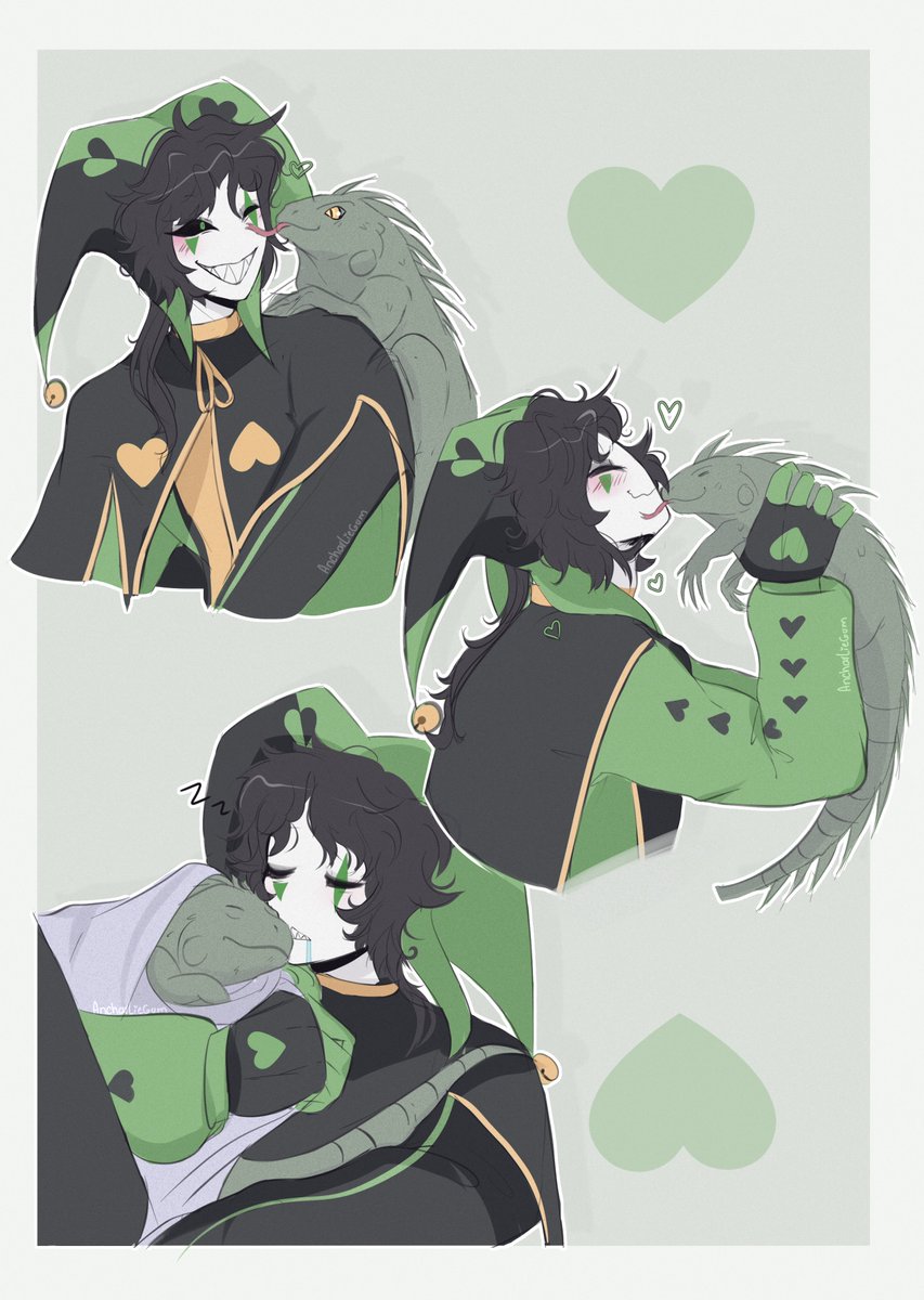 AncharliegumArt's tweet photo. I made this simple drawing of Harlequin based on the official mini-comic that came out yesterday 💚🦎 . . 
Personally, I wasn't expecting something so sad ;u; #thefreakcircus #harlequin #freakcircus #pierrot #fanart #tfc #fanart https://t.co/gmQy4XsZ3E