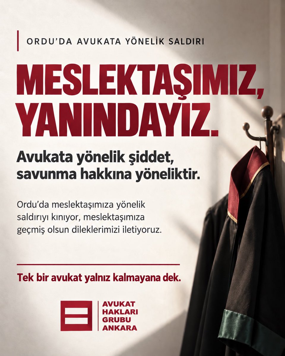 AHGAnkara's tweet photo. MESLEKTAŞIMIZ, YANINDAYIZ.

Ordu’da 1 Ekim’de meslektaşımıza yönelik gerçekleştirilen saldırıyı kınıyor, kendisine geçmiş olsun dileklerimizi iletiyoruz.

Avukata yönelik şiddet, savunma hakkına yöneliktir. Hiçbir meslektaşımızın tehdit ve saldırı karşısında yalnız bırakılmasını, şiddetin sıradanlaştırılmasını kabul etmiyoruz.

Ordu Barosu’nun açıklamasında bildirilen iki şüphelinin tutuklanması, adli süreçte önemli bir adımdır. Saldırının tüm yönleriyle aydınlatılması ve sorumluların hukuk önünde hesap vermesi talebinin yanındayız.

AHG Ankara olarak meslektaşımızla ve Ordu Barosu’yla dayanışma içindeyiz.

Tek bir avukat yalnız kalmayana dek.