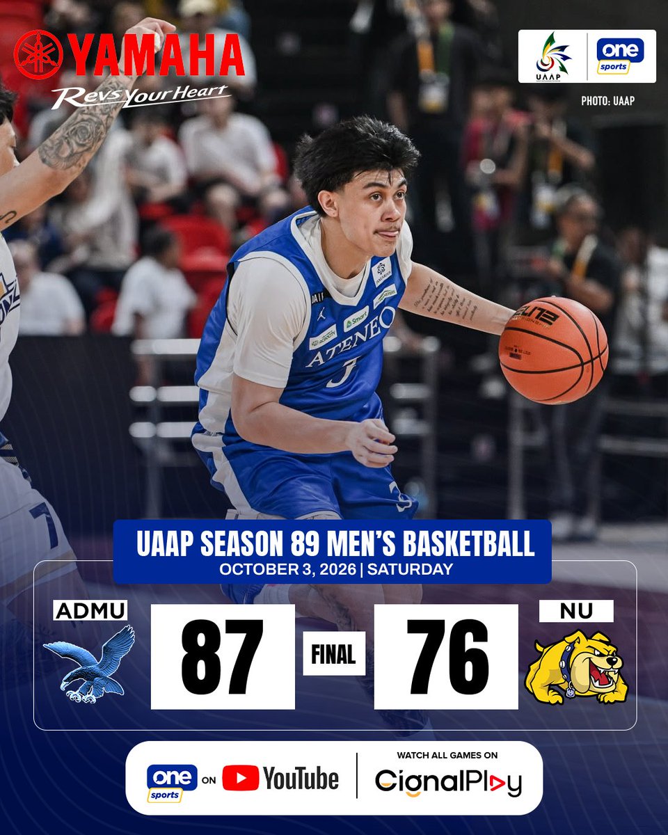 OneSportsPHL's tweet photo. THESE WINGS ARE MADE TO FLY 🦅

The Ateneo Blue Eagles soar past the NU Bulldogs in a game of runs to claim their second straight victory and third win overall in Round 1 of the #UAAPSeason89 men’s basketball tournament!

Watch the UAAP Season 89 Men’s Basketball Tournament LIVE and for FREE on the One Sports YouTube channel!

#UAAPSeason89 #ForEveryoneUAAP #LegendsStartHere