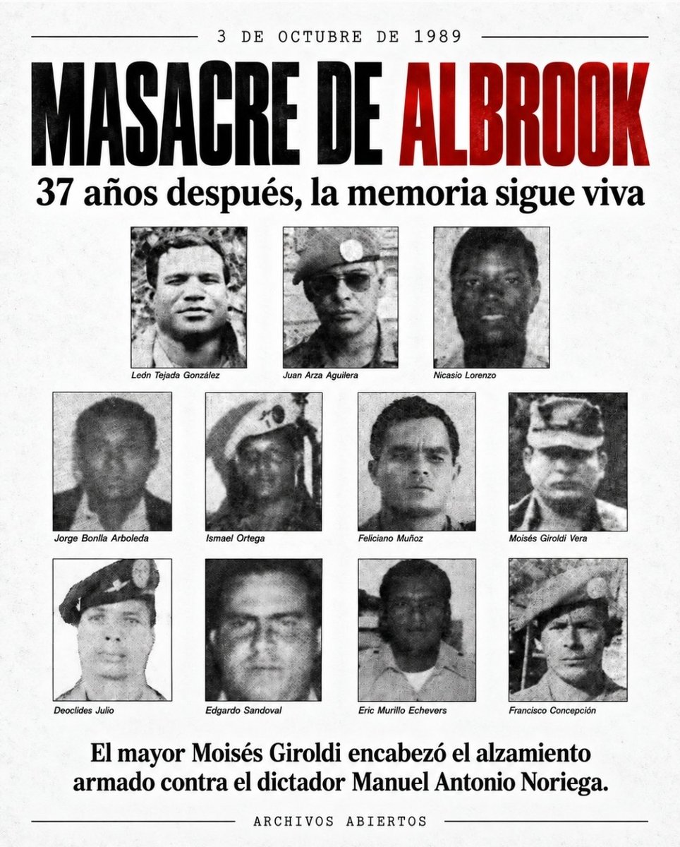 GriselB's tweet photo. Son 37 años de la Masacre de Albrook. Once militares fueron asesinados tras el alzamiento contra el dictador  Manuel Antonio Noriega, encabezado por Moisés Giroldi. Se rindieron, pero no les respetaron la vida. Recordar sus rostros y nombres también es tener la memoria de Panamá.

Para las madres, padres, viudas, hijos, hijas, hermanos,  hermanas, aún es un día muy difícil. Pero también para los miembros de compañías que fueron llevados a Cimarrón y al penal de Coiba a cavar sus tumbas. Salvaron sus vidas tras la invasión.