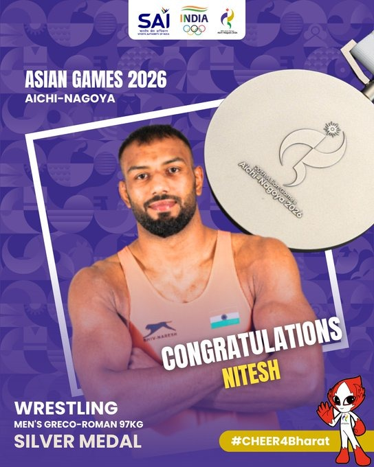 PmargheritaBJP's tweet photo. A historic Silver for Indian wrestling! 🇮🇳🥈

Heartiest congratulations to Nitesh on securing the Silver Medal in Men’s 97kg Greco-Roman Wrestling at the #AsianGames2026.

With this achievement, Nitesh becomes only the second Indian Greco-Roman wrestler to reach an Asian Games final, 64 years after Maruti Mane’s Silver at the 1962 Asian Games.

#Cheer4Bharat