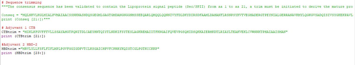 Adene_danny's tweet photo. Signal peptides located and trimmed for both CTB and HBD-2. The trimming script written earlier came in handy. https://t.co/8UTFyalg9D