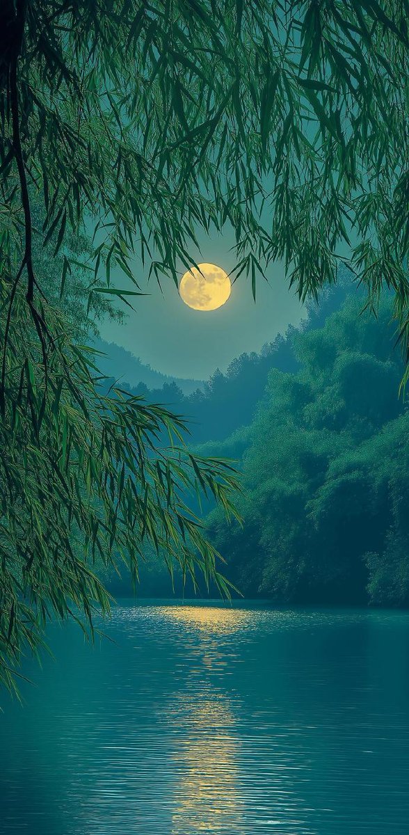 melli_pixel_d3f's tweet photo. [A faded round moon hangs low above the quiet fields, a lonely oriole perches on the old willow branch, a fragile ink-stained bamboo slips gently—these are the soft fragments of a quiet night.]， https://t.co/ivOoAEZ1z3