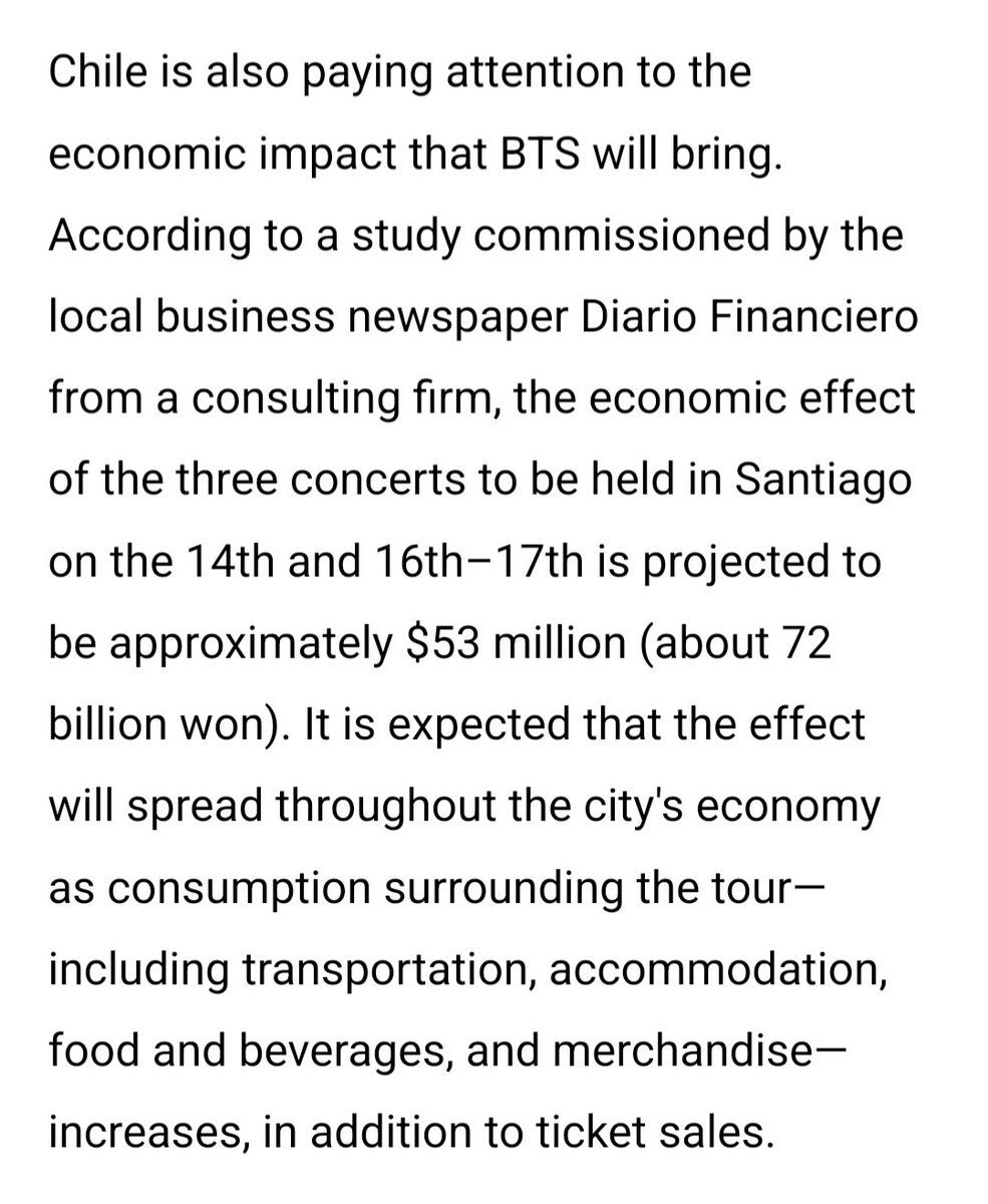 shadow_twts's tweet photo. BTS Concert 'Shakes' South American Economic Landscape:

Bogota
- 40.6 to 51.7 Billion KRW
- 5,244 direct and indirect jobs

Santiago
- 72 Billion KRW

Lima
- 521,000 in queue
- First of its Kind drone show

São Paulo
- 630,000 in queue
- 56.4 Billion KRW

#ARIASBTS
@BTS_twt https://t.co/znUUZOpkzC