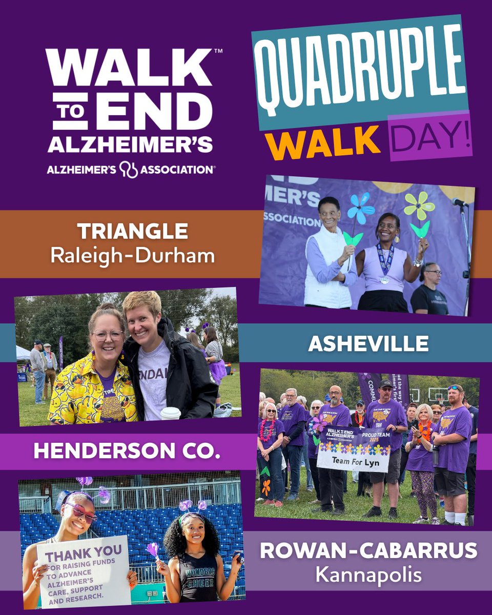 AlzAssocWNC's tweet photo. It's a QUADRUPLE Walk weekend in North Carolina, and we are SO ready to walk together in the Triangle, Asheville, Henderson County and Rowan-Cabarrus! 💜💛💙🧡 

Let's do this, NC! Register or donate toward your local #Walk2EndAlz at https://t.co/fn5t7TpHGq. https://t.co/r5amyjQeqJ