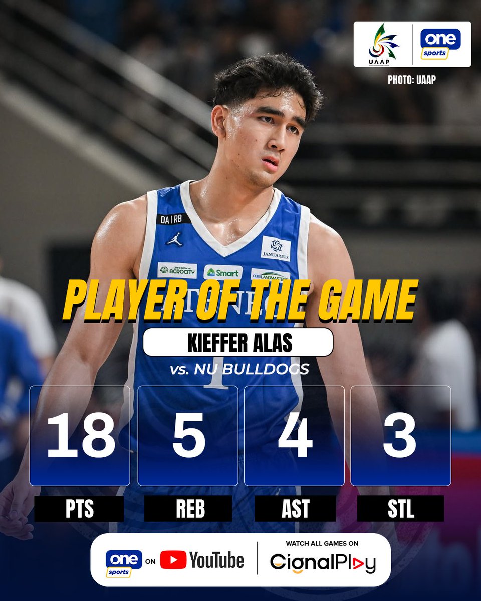 OneSportsPHL's tweet photo. ACE OF THE NIGHT 🃏⭐

Kieffer Alas delivers when it matters most for the Ateneo Blue Eagles, showcasing his scoring touch and stepping up in the big moments to help secure a comeback win over the NU Bulldogs in Round 1 of the #UAAPSeason89 men’s basketball tournament!

Watch the UAAP Season 89 Men’s Basketball Tournament LIVE and for FREE on the One Sports YouTube channel!

#UAAPSeason89 #ForEveryoneUAAP #LegendsStartHere