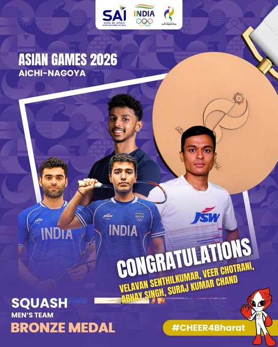 PmargheritaBJP's tweet photo. Bronze on the squash court for Bharat! 🇮🇳🥉

Heartiest congratulations to Abhay Singh, Veer Chotrani, Velavan Senthilkumar and Suraj Kumar Chand on securing the Bronze Medal in the Men’s Team event at the #AsianGames2026.

#Cheer4Bharat https://t.co/nVCqmBJISl