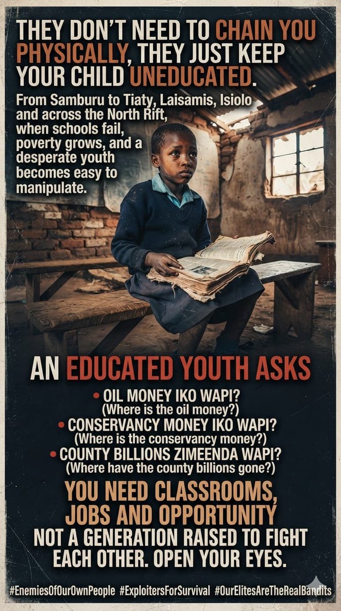 true_African1's tweet photo. @RobertAlai From Samburu to Tiaty, Laisamis and Isiolo, failing schools deepen poverty and leave young people vulnerable to manipulation. Demand fully staffed schools, trained teachers, safe classrooms, textbooks, reliable water and electricity, and transparent reporting on education funds. https://t.co/HPPWgOj1aY