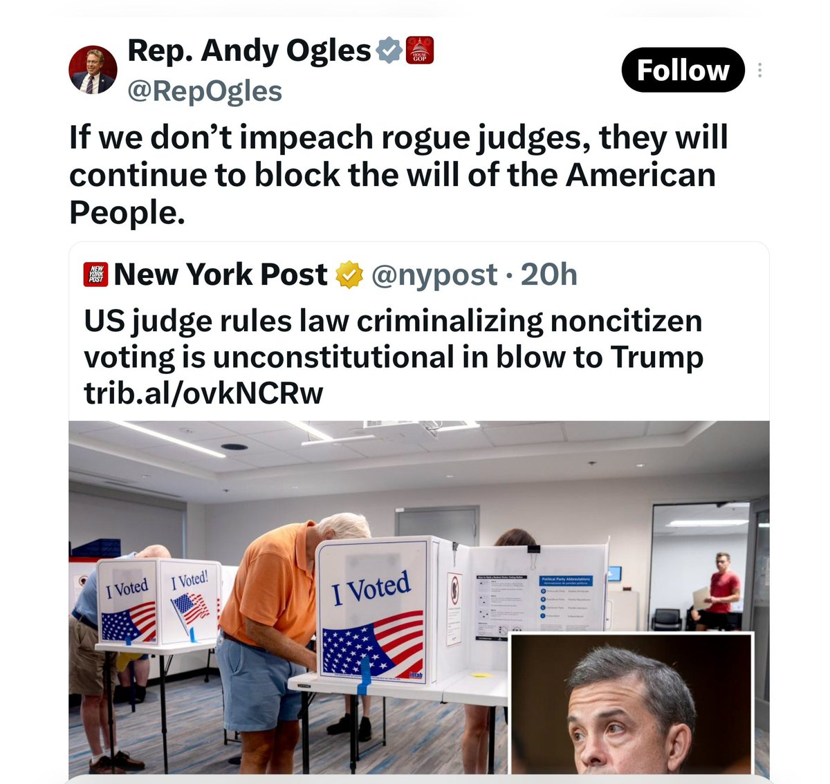 GenoVeno73's tweet photo. Since the @nypost wants to play dumb and only give you a headline to enrage and deceive you — let me explain.

The Judge in this case, U.S. District Judge David S. Leibowitz, DID NOT say noncitizen voting itself is lawful, or that states cannot punish it. He wrote that Florida already can and does prohibit the same conduct under State law, and that this order does not decide that question.

Judge Leibowitz wrote that 18 U.S.C. § 611 "is a voter qualification statute, and the Constitution does not authorize Congress to legislate voter qualifications for federal elections."
AND HE IS CORRECT.

He further wrote:
"Congress has no power to say who can vote or who cannot vote in federal elections—that foundational power is reserved for the States."
AND HE IS CORRECT.

Article I, Section 2, and the 17th Amendment tie the qualifications of voters in House and Senate elections to the qualifications EACH STATE SETS for its own lower house.

The Elections Clause lets Congress regulate the "Times, Places and Manner" of congressional elections, not who is qualified to vote. Congress's own annotated Constitution states that distinction, and the Supreme Court repeated it in Arizona v. Inter Tribal Council (2013).

Justice Scalia’s majority opinion in Arizona v. Inter Tribal Council of Arizona, Inc., 570 U.S. 1 (2013), Part III stated:
"Arizona is correct that the Elections Clause empowers Congress to regulate how federal elections are held, but NOT WHO MAY VOTE IN THEM."

"The Constitution prescribes a straightforward rule for the composition of the federal electorate. Article I, §2, cl. 1, provides that electors in each State for the House of Representatives “shall have the Qualifications requisite for Electors of the most numerous Branch of the State Legislature,” and the Seventeenth Amendment adopts the same criterion for senatorial elections. Cf. also Art. II, §1, cl. 2 (“Each State shall appoint, in such Manner as the Legislature thereof may direct,” presidential electors)."

"One cannot read the Elections Clause as treating implicitly what these other constitutional provisions regulate explicitly. “It is difficult to see how words could be clearer in stating what Congress can control and what it cannot control. Surely nothing in these provisions lends itself to the view that voting qualifications in federal elections are to be set by Congress."

"This allocation of authority sprang from the Framers’ aversion to concentrated power. A Congress empowered to regulate the qualifications of its own electorate, Madison warned, could “by degrees subvert the Constitution.” 2 Records of the Federal Convention of 1787, p. 250 (M. Farrand rev. 1966)."

IN OTHER WORDS — U.S. District Judge David S. Leibowitz was CORRECT in his ruling dumbass @RepOgles

👇👇👇👇