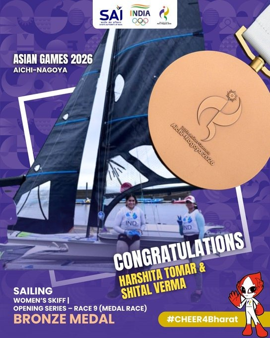 PmargheritaBJP's tweet photo. A proud podium finish for Bharat in sailing! 🇮🇳🥉

Heartiest congratulations to Harshita Tomar and Shital Verma on securing the Bronze Medal in the Women’s Skiff event at the #AsianGames2026.

#Cheer4Bharat https://t.co/OE4MP0KrDP