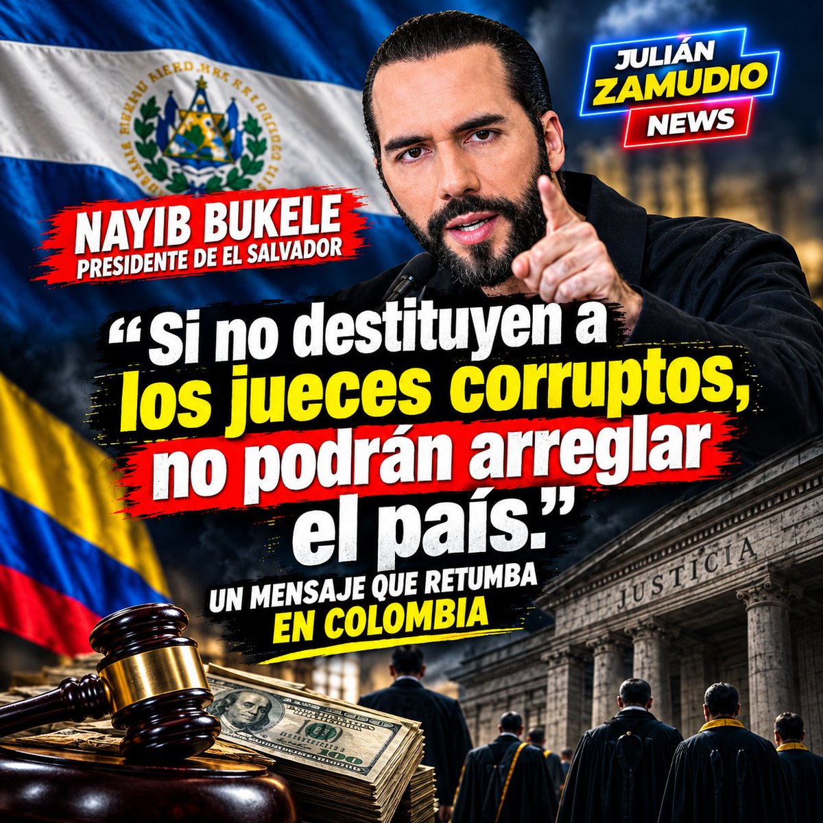 JulianZamudio's tweet photo. El presidente @nayibbukele lo advirtió con absoluta claridad al asumir el poder: se topó de frente con una mafia judicial. Fiscales, magistrados y jueces corrompidos que no defendían la ley, sino los bolsillos y privilegios de una casta criminal atornillada al Estado.

Ese mismo cáncer es el que hoy tenemos en COLOMBIA y a lo que se va enfrentar el presidente @ABDELAESPRIELLA, el que padecemos millones de ciudadanos decentes: un aparato judicial arrodillado y puesto al servicio del régimen de izquierda.

Cero condenas reales. Cero castigo ejemplar. La impunidad es total.

El cartel de la toga criollo les garantiza impunidad absoluta a sus compinches: Juliana Guerrero campante en la calle; Laura Sarabia blindada y libre; el hermano de Daniel Quintero gozando de comodidades en casa por cárcel. El libreto es un asco: los citan a declarar para montar un circo mediático, sellan preacuerdos vergonzosos a puerta cerrada y compran su libertad con la misma plata que le saquearon al pueblo.

Se roban miles de millones del erario y la justicia los premia dejándolos libres para que disfruten el botín.

Esto no es justicia: es un escupitajo en la cara de cada colombiano honesto que se desloma trabajando y pagando impuestos para mantener a esta cueva de hampones.