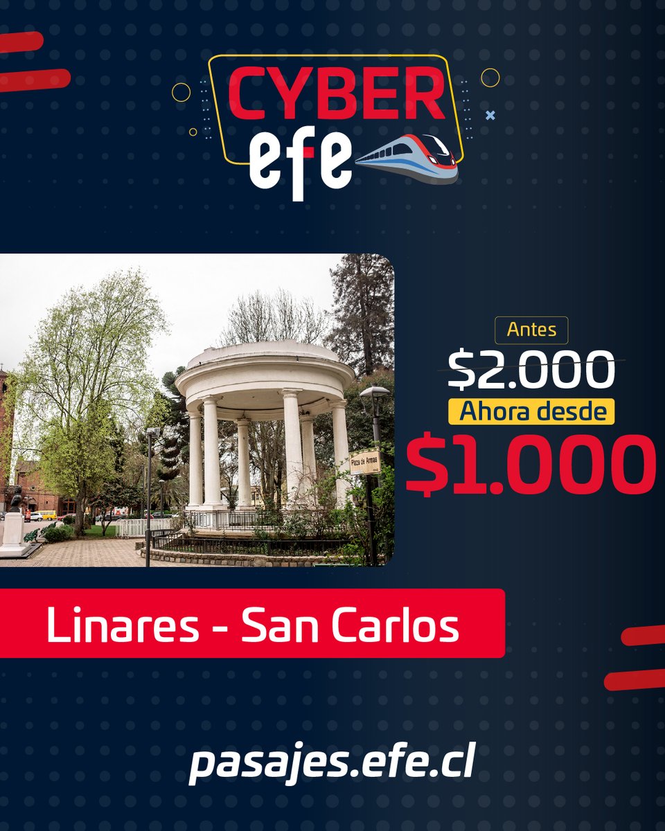 EFE_Chillan's tweet photo. 🚆✨ ¡Ya comenzó Cyber EFE!
Aprovecha esta oportunidad y descubre nuevas experiencias para viajar.
👉 Revisa todos los detalles en https://t.co/ewUG7IDHUq https://t.co/30DlszmD7S