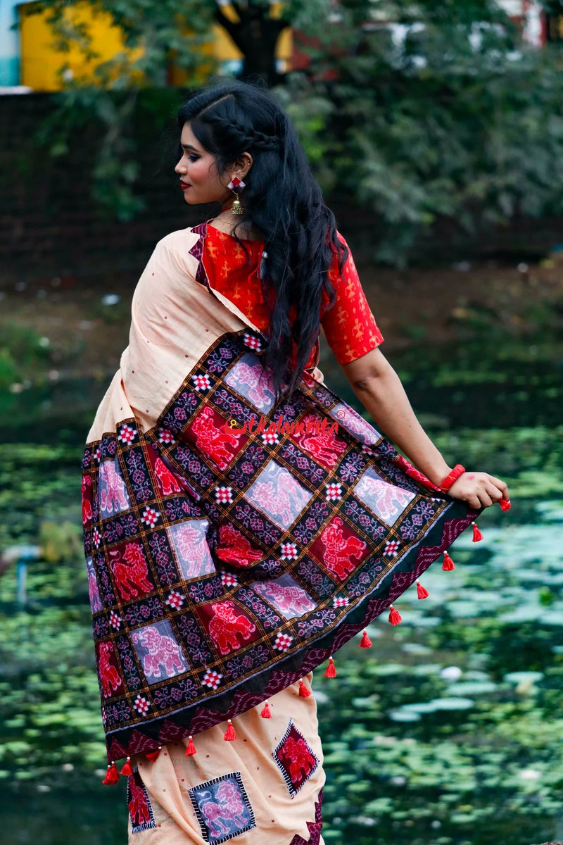Utkalamrita's tweet photo. The Cream with Maroon Buti Elephant Designer Cotton Saree from our Devi Collection blends elegance symbolism and Odisha’s handloom heritage. Shot in Old Town Bhubaneswar it celebrates strength and grace. Get 20% OFF with code PUJA20 at checkout. 
Shop At - https://t.co/baY23Yq3x9 https://t.co/g0X2hYepXB