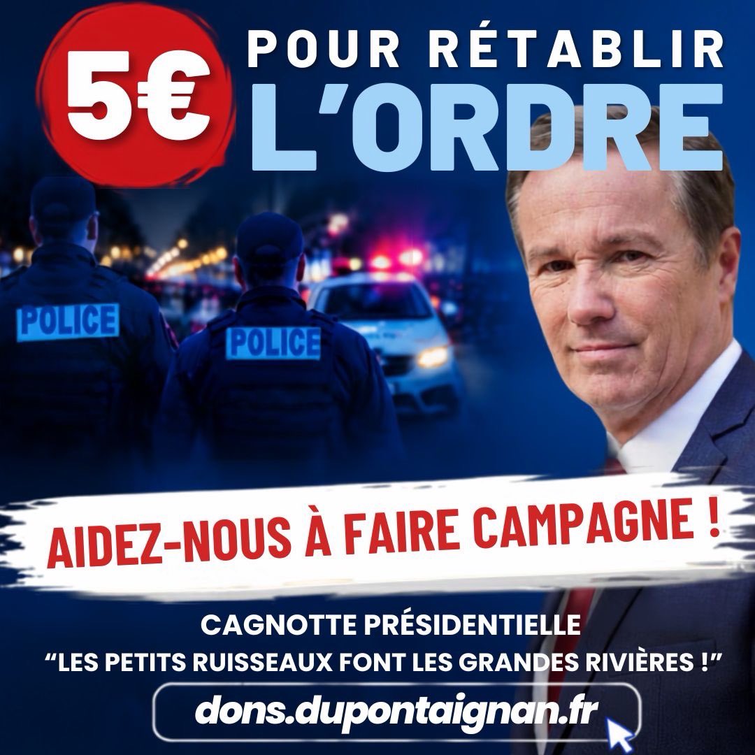 dupontaignan's tweet photo. 🙌Les petits ruisseaux font les grandes rivières !
🤝Si chacun donne 5 €, nous pourrons rétablir l’ordre !  🇫🇷Participez à la cagnotte présidentielle : https://t.co/HIWmRKb3Tm https://t.co/mAEba52Pt9