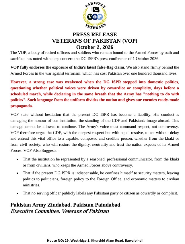 soldierspeaks's tweet photo. 🚨 PAKISTAN ARMY VETERANS SPEAK OUT | MUST READ

ڈی جی اور جونی سن 🤣

ڈی جی آئی ایس پی آر "فوج پر بوجھ" ہے۔۔۔ فوجی افسران کا کھلا بیان۔۔۔

تفصیلات ویلاگ میں۔۔۔ لنک نیچے ہے

Veterans of Pakistan (VOP) has issued a strongly worded press release following the DG ISPR's 1 October press conference.

The statement backs the Armed Forces and endorses DG ISPR's rebuttal of India's claim — but then comes the “HOWEVER…”

VOP sharply objects to the military spokesman entering domestic political discourse and describes the present DG ISPR as a “liability” — their words, not mine.
Their message raises a fundamental institutional question:
Should the uniform stay out of party politics?
VOP argues:
➡️ Security matters → Armed Forces
➡️ Politics → Politicians
➡️ Foreign policy → Foreign Office
➡️ Economy → Civilian ministries
And they go further, calling for the Armed Forces to be represented by a “seasoned, professional communicator” who keeps the institution above controversy.
📄 Read the original press release attached.
🎥 My detailed vlog examines the statement line-by-line, including where VOP supports DG ISPR, where it challenges him, and the larger debate over the proper boundaries of military public communication.
Watch On: Soldier Speaks : Adil Raja
Read the document. Watch the analysis. Form your own judgement.
#PakistanArmy #DGISPR #VeteransOfPakistan #ISPR #Pakistan #SoldierSpeaks

Link: https://t.co/JzklXAjJtX