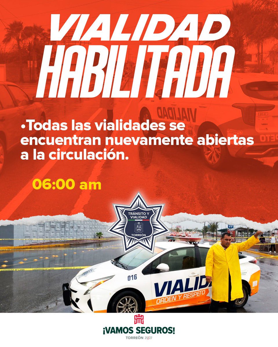 MunicipioTRC's tweet photo. 🌧️ ACTUALIZACIÓN VIAL | Corte 6:00 a. m.

🚗 Todas las vialidades ya están abiertas a la circulación.

🚦 Los semáforos afectados ya fueron restablecidos y operan con normalidad.

⚠️ Conduce con precaución.

#VamosSeguros https://t.co/UF42oA5PEc