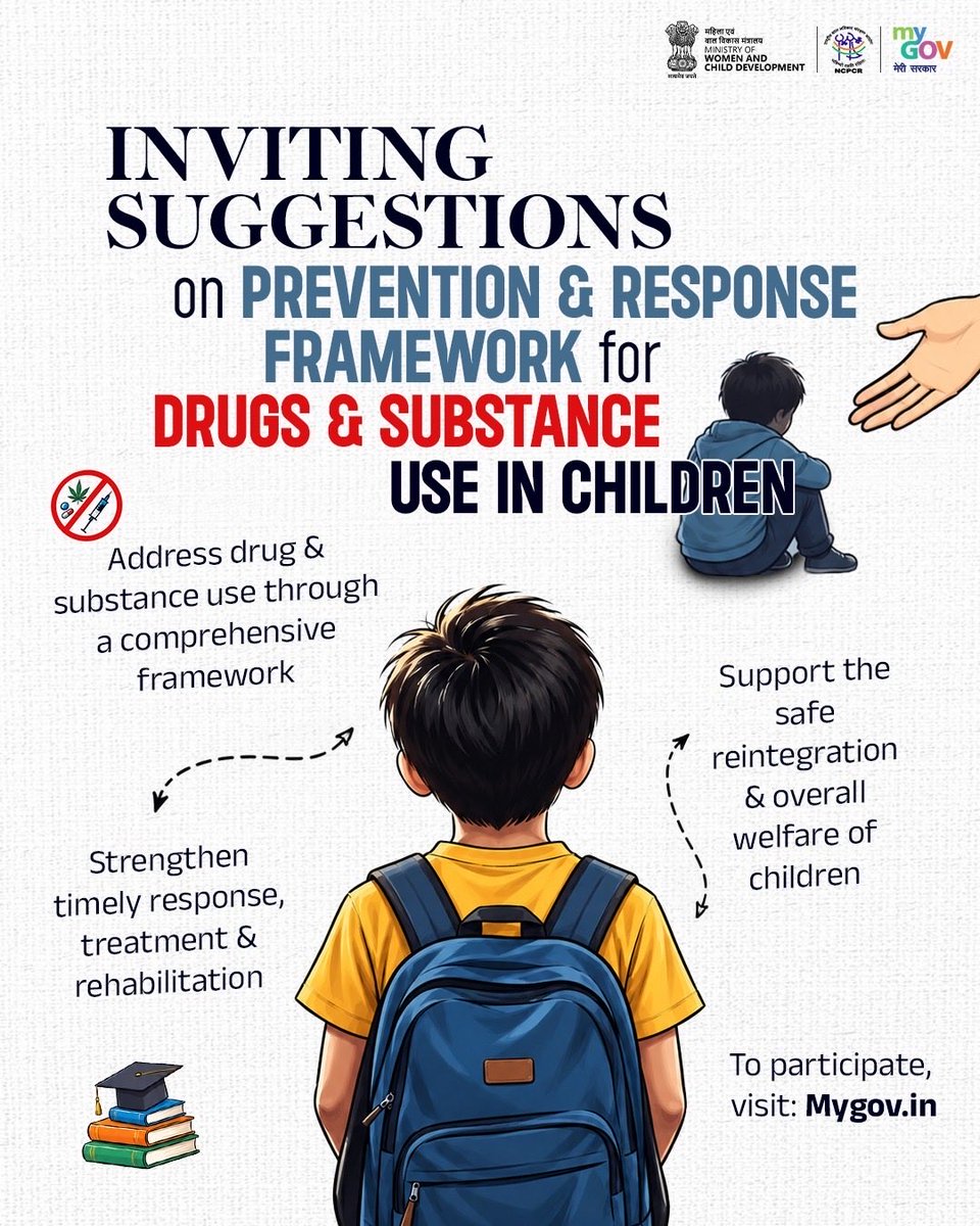 mygovindia's tweet photo. Your Ideas Can Safeguard Childhood!

Your suggestions can help strengthen the response to drugs and substance use among children. Share your inputs on the Prevention and Response Framework on #MyGov and contribute towards a child-centric approach covering prevention, early identification, treatment, rehabilitation and reintegration.

Visit: https://t.co/jECh4eDI7V 

#NewIndia 
#NCORD 
@MinistryWCD