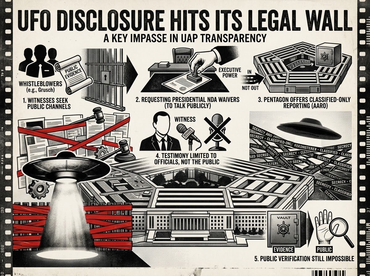 DARKCOMX's tweet photo. UFO Disclosure Hits Its Legal Wall

David Grusch, Dylan Borland and Matthew Brown are asking Trump to waive NDAs so they can publicly discuss alleged UAP evidence. The Pentagon has already opened a channel for classified UAP reports, but it only protects disclosures made to authorized officials. So the people claiming they have the evidence can talk to the government, while the public still cannot see what would test those claims.
