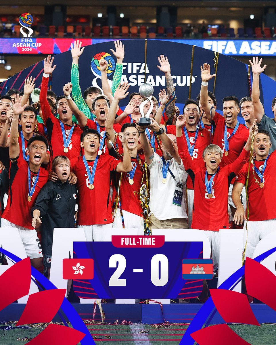 afcasiancup's tweet photo. FT | 🇭🇰 Hong Kong, China 2️⃣-0️⃣ Cambodia 🇰🇭

Hong Kong, China claim the inaugural FIFA ASEAN Challenge Cup title after a comfortable win! 

#FIFAASEANCup https://t.co/Rljp26IWNe