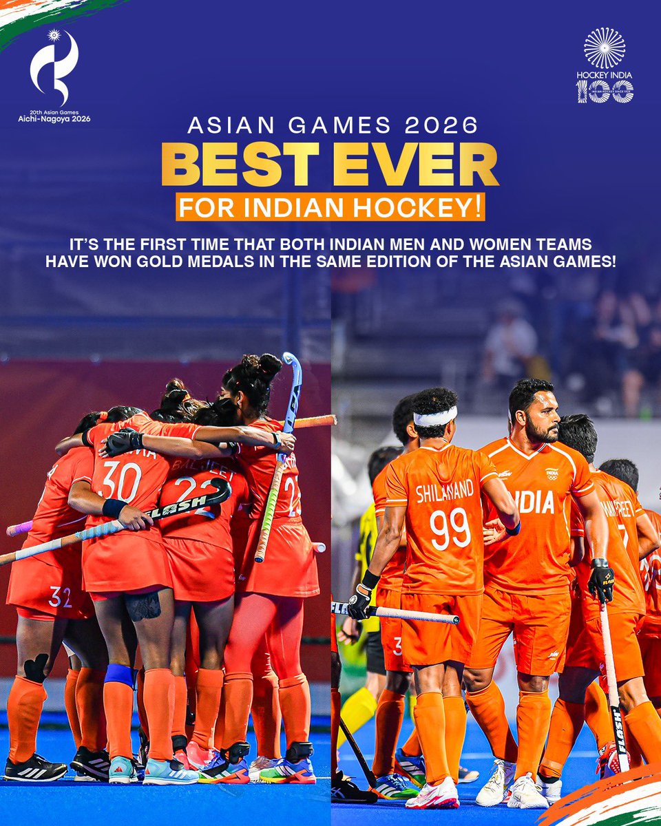 TheHockeyIndia's tweet photo. 𝗔𝗦𝗜𝗔𝗡 𝗚𝗔𝗠𝗘𝗦 𝟮𝟬𝟮𝟲: 𝗔 𝗛𝗜𝗦𝗧𝗢𝗥𝗜𝗖 𝗖𝗛𝗔𝗣𝗧𝗘𝗥 𝗙𝗢𝗥 𝗜𝗡𝗗𝗜𝗔𝗡 𝗛𝗢𝗖𝗞𝗘𝗬! 🇮🇳🏑🏆

The Indian Women’s Team ended a 44-year wait for Asian Games gold, while the Men’s Team successfully defended their crown and together, they’ve delivered a historic golden campaign for Indian hockey in Japan that never happened before for India! 🥇🥇

#HockeyIndia #IndiaKaGame #AsianGames2026 #AichiNagoya2026