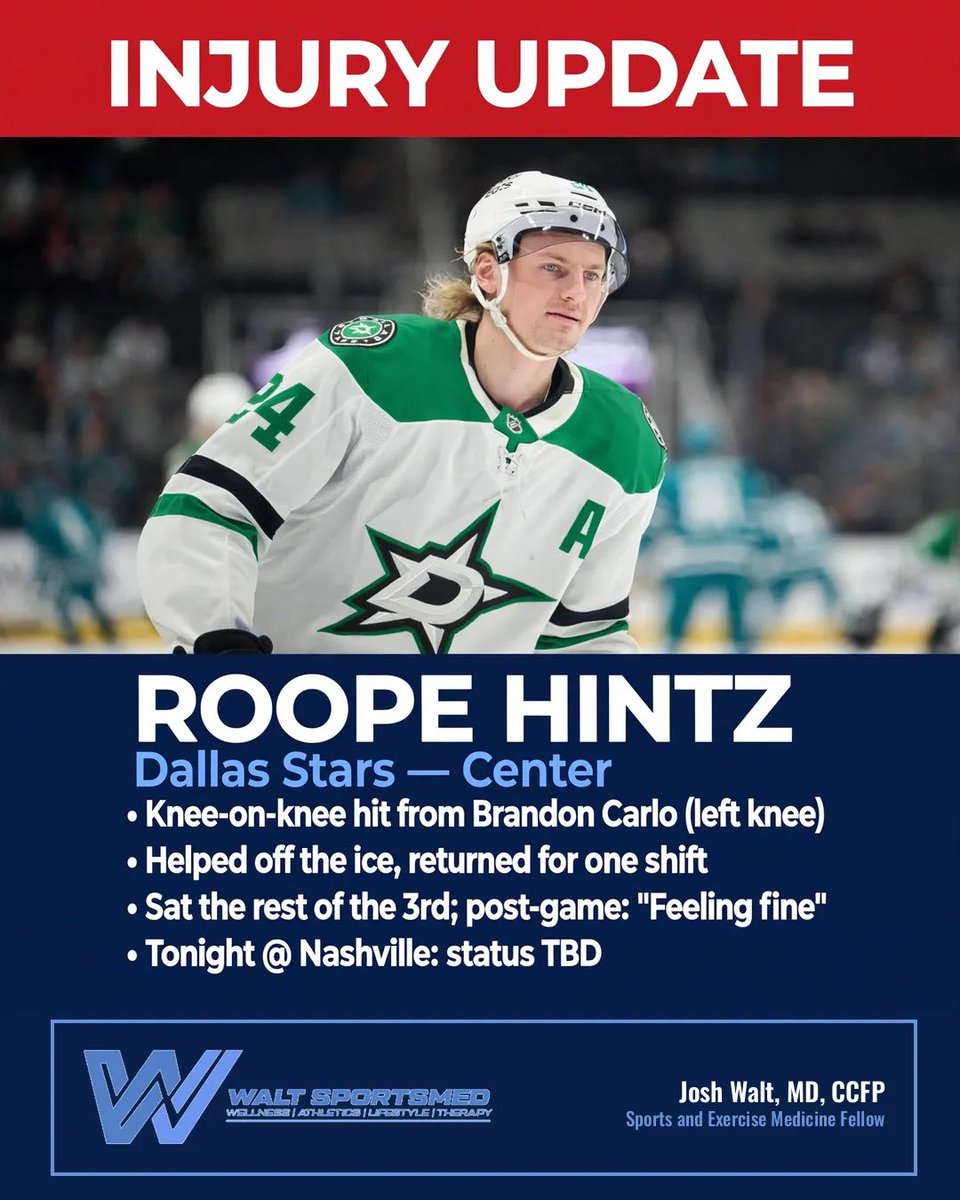 WALTSportsMed's tweet photo. Hintz took a knee-on-knee hit from Carlo — direct contact at the thigh-knee junction. Not classic valgus/MCL, though anteromedial contact keeps LCL in the differential. Return argues against a complete tear: likely deep contusion. Tonight @ NSH TBD. #TexasHockey￼ https://t.co/jlvdtjBNJh