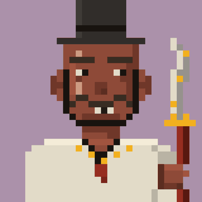 A pixel art portrait depicts a dark-skinned character wearing a black top hat and white shirt, holding a sword against a purple background.