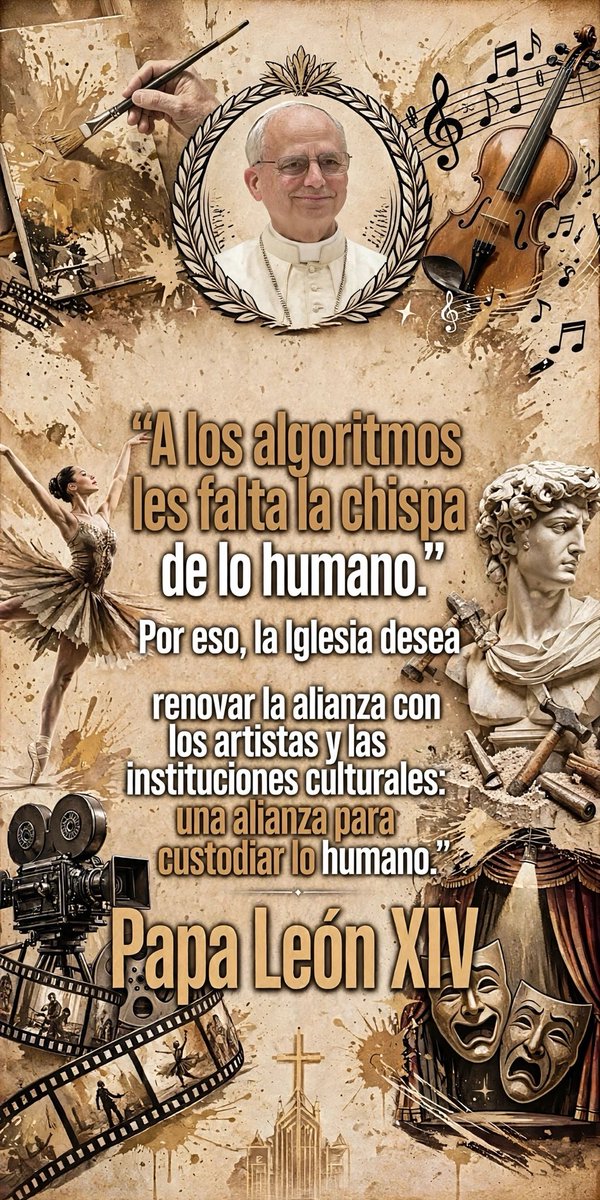 martinvalverde's tweet photo. “A los algoritmos les falta la chispa de lo humano. Por eso, la Iglesia desea renovar la alianza con los artistas y las instituciones culturales: una alianza para custodiar lo humano.”
Papa Leon XIV https://t.co/D8m7McOCtv