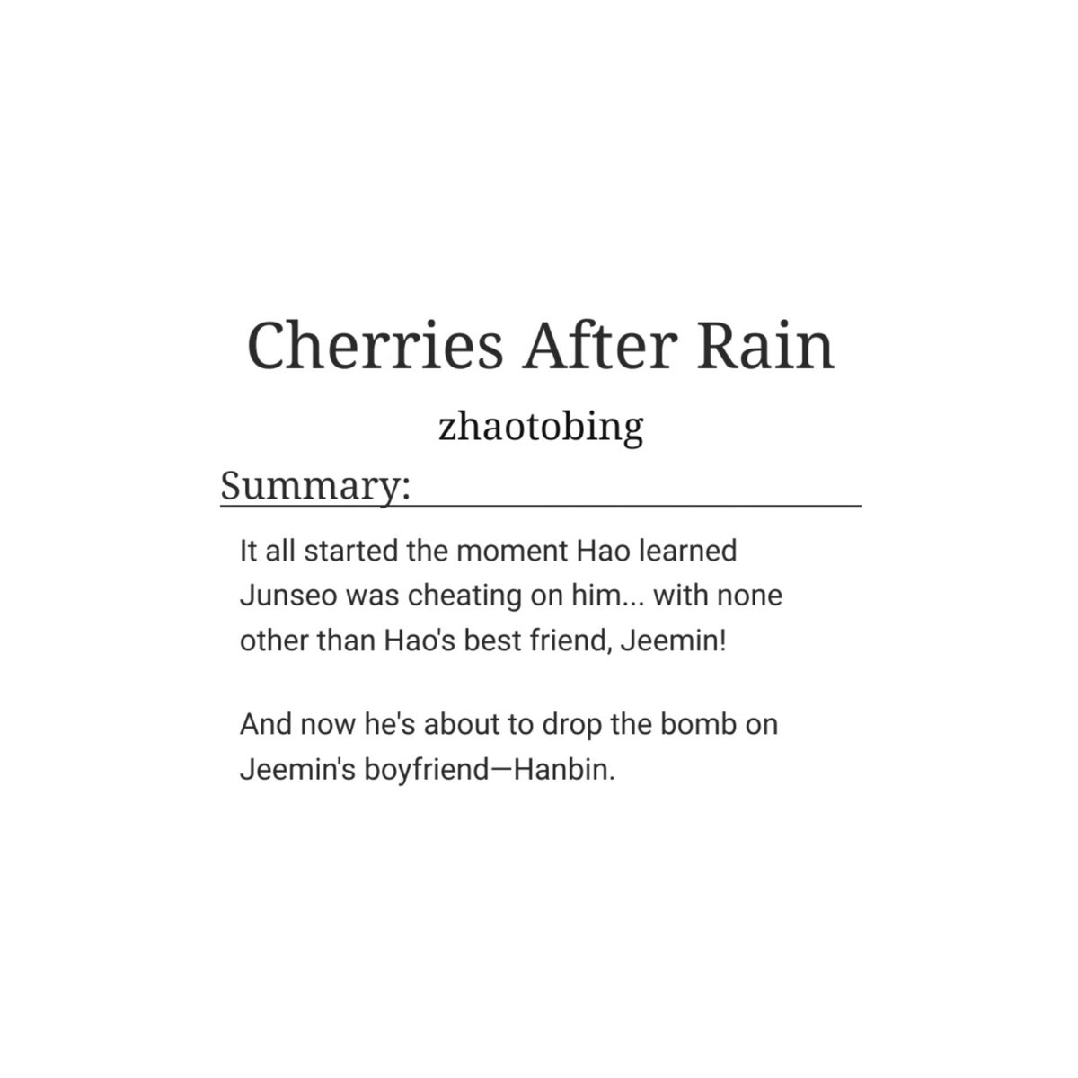zhaotobing's tweet photo. ⋆°࿔ Cherries After Rain °⋆

•bnb
• ch 15/? (13k)
• e
• fake dating &amp; college au
• revenge, slow burn, happy ending
𓂃 ࣪˖☾ ִֶָ𐀔
🔗 https://t.co/xbkAnldKCv https://t.co/JdvoDWtSvv