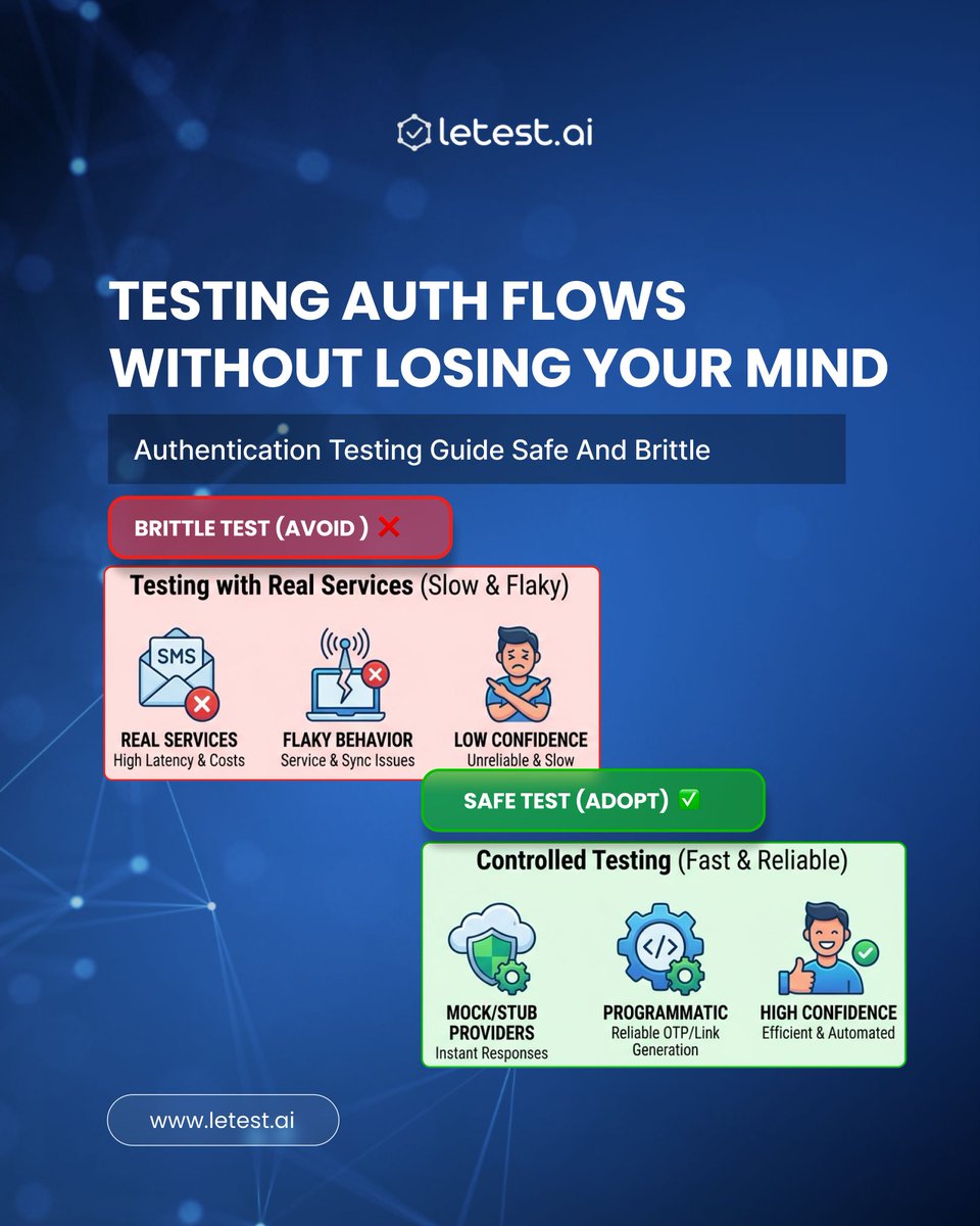 letest_ai's tweet photo. Stop relying on real SMS and third-party services for auth testing! Real services introduce latency, high costs, and flaky sync issues.
Switch to controlled testing with mock/stub providers ⚡
#SoftwareTesting #QAEngineering #AITesting #AutomatedTesting #DevOps #AuthTesting https://t.co/Grviesgf42