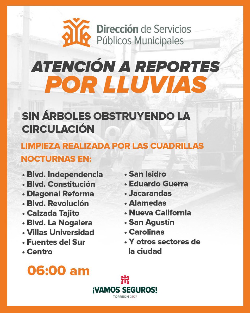 MunicipioTRC's tweet photo. 🌳 ATENCIÓN A REPORTES POR LLUVIAS | Corte 6:00 a. m.

Cuadrillas nocturnas de Servicios Públicos continúan con labores de limpieza y retiro de árboles caídos.

✅ No hay árboles obstruyendo la circulación.

Seguimos trabajando. 🌧️🚨

#VamosSeguros https://t.co/jxEfWFb45I