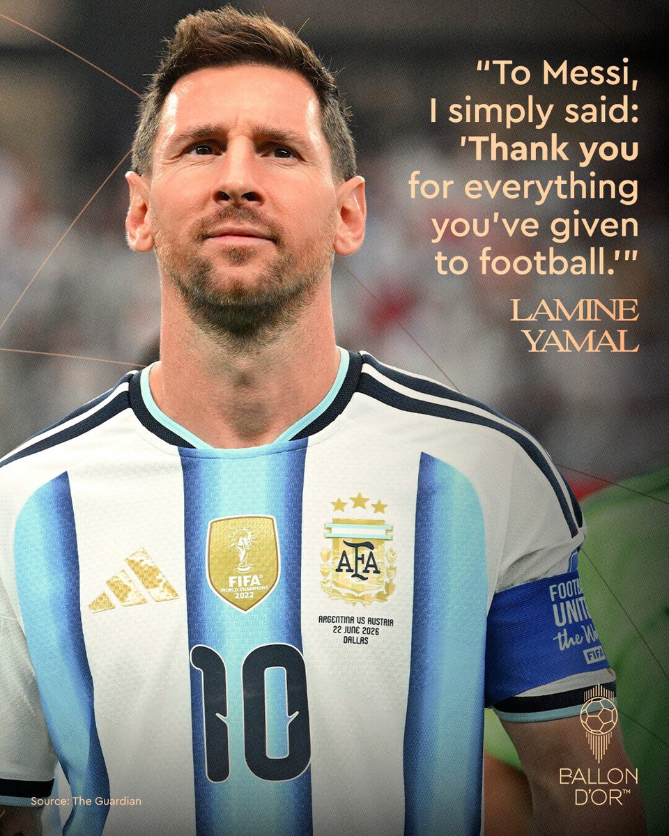 ballondor's tweet photo. TWO GENERATIONS. PURE RESPECT. 🇦🇷🇪🇸✨

Will we see Lionel Messi and Lamine Yamal together again at the 2026 Ballon d'Or ceremony? 🌕 

Discover all the SECRETS of their first meeting at https://t.co/Zd5kIlKj98

#ballondor #messi #lamineyamal https://t.co/ySkwbn1qQj