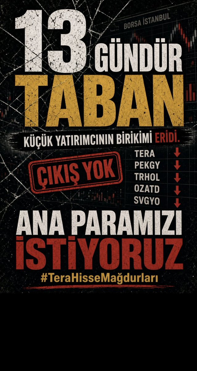 Gokhan21534463's tweet photo. Rest

#TRHOL ve #TERA günlerdir TABAN TABAN kilitli! Alıcı yok, tahta kapalı, izliyorsunuz! SPK bu kararları alırken küçük yatırımcıyı resmen ateşe attı. Bizi siz batırdınız, ana paramızı geri verin! Hakkımız olanı alana kadar susmayacağız. Devlet bu feryadı duymak zorunda! 🚨 @spkgovtr @borsaistanbul
#TeraVeHisseMağdurları #hissemağdurları @TBMMresmi