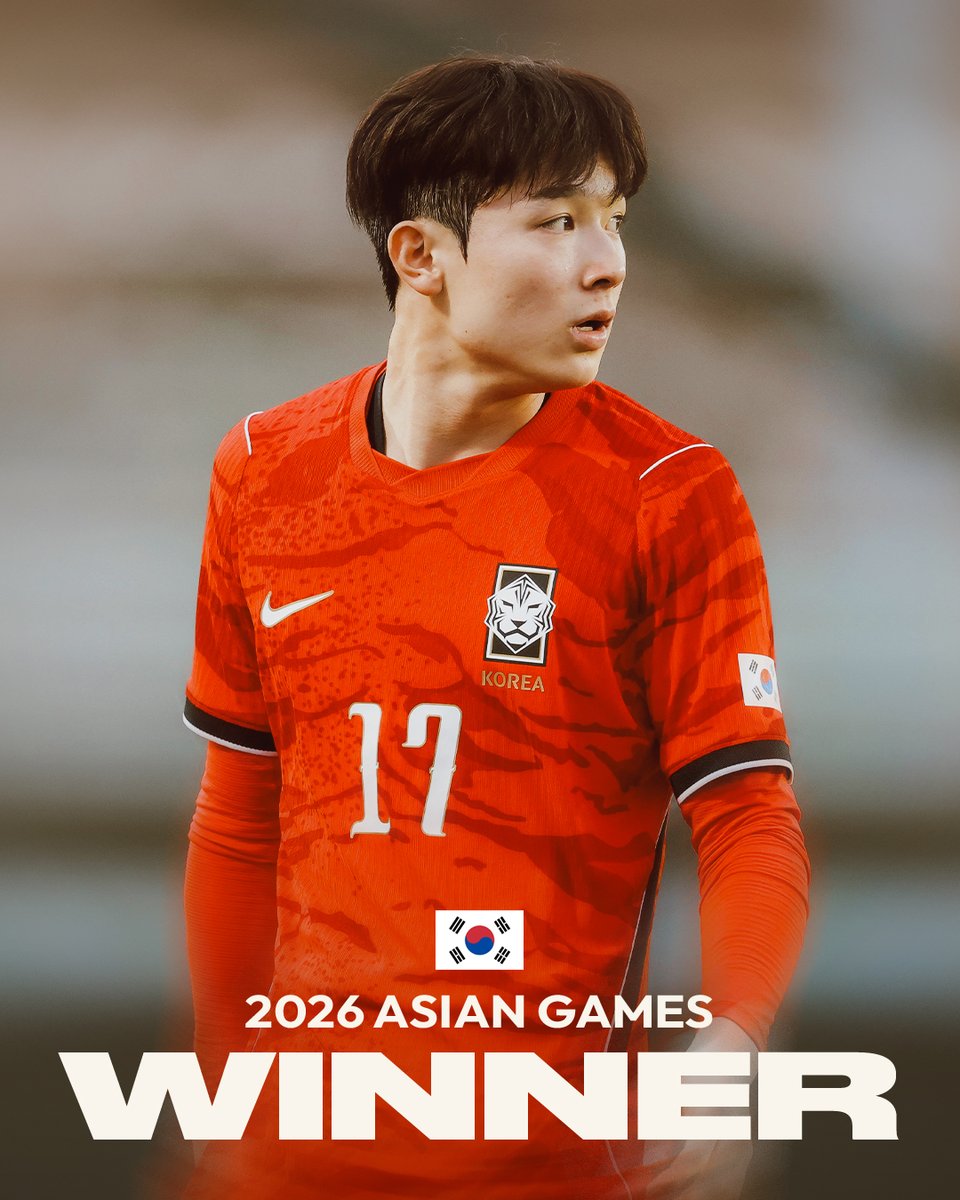 SpursOfficial's tweet photo. Congratulations to Yang Min-Hyeok and South Korea for winning the 2026 Asian Games! 🇰🇷

Yang set up the winning goal in a 1-0 victory against Japan 👏 https://t.co/1oi01NRNZE