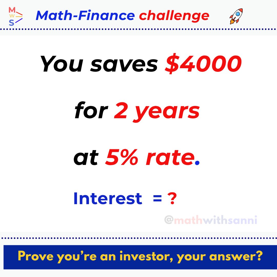 mathwithsanni's tweet photo. 🔥Math-Finance Challenge

You save $4000 for 2years at 5% rate. Find the interest?

Key Idea: Use Simple interest = Principal x Time x Rate/100 and don't forget the rate is annual.

Prove you're a genius. What's your answer?

#Finance #MathChallenge https://t.co/NfVqr9bu6o