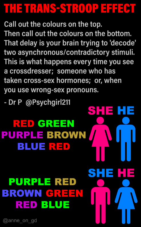 Psychgirl211's tweet photo. The 'Trans-Stroop Effect' (TSE) in action.

How long is it taking you to decode the picture on the right?