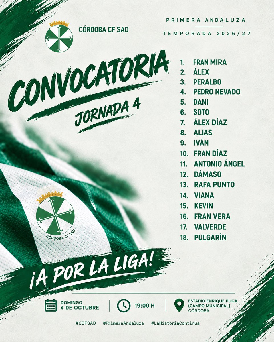 cordoba_cfsad's tweet photo. 📋 CONVOCATORIA | JORNADA 4
¡Ya tenemos convocatoria! 💚🤍
18 jugadores preparados para volver a competir en casa. Mañana, el Estadio Enrique Puga vuelve a ser escenario de una nueva batalla por la liga.
🆚 @CDStadium
📅 Domingo
⏰ 19:00 H
🔥 ¡Nos vemos en el Puga!
#CCFSAD https://t.co/h5ywLww7A0