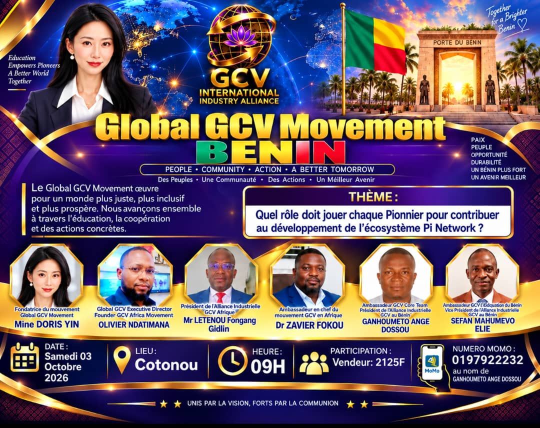 PurpleLotusGCV's tweet photo. GLOBAL GCV MOVEMENT — BÉNIN
Discours de 5 minutes de Doris Yin
Événement à Cotonou — 3 octobre 2026

Chers Pionniers, chers leaders, ambassadeurs, éducateurs, commerçants et amis du Global GCV Movement au Bénin,

Tout d’abord, je vous adresse mes salutations les plus chaleureuses à toutes et à tous ici présents à Cotonou.

Même si je ne peux pas être physiquement avec vous aujourd’hui, mon cœur est avec vous.

Je souhaite tout particulièrement saluer et remercier nos leaders :

M. Olivier Ndatimana, Global GCV Executive Director et fondateur du GCV Africa Movement ;

M. Letenou Fongang Gidlin, Président de la GCV Africa Industrial Alliance ;

Dr Zavier Fokou, Ambassadeur en chef du GCV Movement pour l’Afrique ;

M. Ganiou Salifou, Head of Ambassadors du Global GCV Movement au Bénin ;

M. Ganhoumeto Ange Dossou, GCV Ambassador et représentant du Core Team de l’Industrial Alliance au Bénin ;

M. Sefan Élie, GCV Education Ambassador et Vice-Envoyé de l’Industrial Alliance ;

ainsi que Mme Valette Nicole et Mme Lantokpode Fleur, et tous les leaders, éducateurs, bénévoles, commerçants et Pionniers qui contribuent au développement de cette communauté.

Merci à vous tous pour votre engagement, votre responsabilité et votre service.
NOUS DEVONS CHANGER NOTRE ÉTAT D’ESPRIT
Chers Pionniers,

Aujourd’hui, je voudrais vous parler de quelque chose qui est encore plus important que la technologie :

Notre état d’esprit.
Beaucoup de Pionniers demandent constamment :

« Quand vais-je obtenir des résultats ? »

« Quand vais-je pouvoir récupérer mes fonds ? »

« Quand vais-je pouvoir gagner de l’argent ? »

Mais nous devons changer cette façon de penser.

Au lieu de demander :

« Qu’est-ce que je peux obtenir aujourd’hui ? »
nous devons demander :

« Qu’est-ce que je peux apporter aujourd’hui ? »
Voilà l’état d’esprit que nous devons développer.

Parce que le succès de Pi n’est absolument pas seulement une question de technologie.

La technologie est importante, mais la technologie seule ne peut pas construire un écosystème solide et durable.

LE SUCCÈS DE PI REQUIERT PLUSIEURS ÉLÉMENTS
Le succès de Pi nécessite le développement de nombreux éléments :

La technologie.

L’éducation et la compréhension des Pionniers.

La confiance des Pionniers.

Le développement de la communauté.

Le développement du marché.

L’acceptation par les commerçants.

La participation des entreprises.

Et finalement :

un écosystème réellement utile, sain et durable.
Si nous nous concentrons uniquement sur la technologie et négligeons l’éducation des Pionniers, nous rencontrons un problème.

Si les Pionniers ne comprennent pas comment participer, nous rencontrons un problème.

Si les commerçants ne comprennent pas l’écosystème, nous rencontrons également un problème.

C’est pourquoi nous devons développer toutes ces composantes ensemble.

L’ÉDUCATION DOIT ÊTRE NOTRE PRIORITÉ
C’est pourquoi je demande particulièrement à la communauté GCV du Bénin d’accorder une grande importance à :

l’éducation correcte et à l’éducation de l’état d’esprit.
Aujourd’hui, énormément d’informations circulent dans la communauté.

Certaines informations peuvent malheureusement induire les Pionniers en erreur ou créer des attentes irréalistes.

Nous devons changer cette situation gr��ce à l’éducation.

Je demande à nos Pionniers de :

lire attentivement chaque article d’éducation GCV,

l’étudier en profondeur,

le comprendre,

en discuter,

et ensuite :

transmettre cette éducation aux autres Pionniers.
L’éducation ne doit pas rester entre nos mains.

Une véritable éducation devient puissante lorsqu’elle est comprise et transmise à toute la communauté.

CONSTRUIRE L’ÉCOSYSTÈME PAR L’ACTION
C’est pourquoi l’événement d’aujourd’hui est si important.

Un écosystème ne peut pas être construit uniquement à travers des discussions en ligne.

Nous avons besoin :

d’événements éducatifs,

de rencontres entre Pionniers,

d’éducation des commerçants,

de relations entre entreprises,

et surtout :

D’ACTION !
L’éducation doit devenir une action.

Et l’action doit créer de la participation.

La participation doit ensuite contribuer au développement de l’écosystème.

L’INDUSTRIAL ALLIANCE EST TRÈS IMPORTANTE
Un autre élément essentiel du développement de notre écosystème est la :

GCV International Industry Alliance.
Je souhaite que nos leaders au Bénin aident davantage d’entreprises et de commerçants à comprendre son importance.

L’Industrial Alliance a notamment pour objectif de créer des connexions :

Business to Business — entreprise à entreprise.
Nous devons connecter les entreprises entre elles.

Nous devons aider les commerçants à comprendre l’écosystème.

Nous devons permettre à davantage d’entreprises de comprendre comment elles peuvent participer aux activités économiques réelles.

C’est pourquoi :

l’Industrial Alliance constitue une partie très importante du développement de l’écosystème.
MON MESSAGE FINAL AU BÉNIN
Chers Pionniers,

Construisons ensemble une communauté du Bénin composée de Pionniers éduqués, leaders responsables, commerçants actifs, entreprises participantes et véritables contributeurs à l’écosystème.

Changeons notre question.

Au lieu de demander :

« Qu’est-ce que Pi peut me donner ? »
demandons :

« Qu’est-ce que je peux apporter à Pi aujourd’hui ? »
Car lorsque des millions de Pionniers changent leur état d’esprit,

la communauté change.

Lorsque la communauté change,

la participation change.

Et lorsque la participation augmente,

l’écosystème devient plus fort.
Alors, continuons ensemble avec :

L’ÉDUCATION.
LA COMMUNAUTÉ.
L’UTILITÉ.
LA COOPÉRATION ENTRE ENTREPRISES.
LE DÉVELOPPEMENT DE L’ÉCOSYSTÈME.
L’ACTION.
À tous nos leaders, particulièrement Ganiou Salifou, M. Ganhoumeto Ange Dossou, Élie, Valette Nicole et Lantokpode Fleur, ainsi qu’à toutes les personnes qui travaillent dans l’ombre :

Merci pour votre dévouement.

Continuez à éduquer.

Continuez à organiser.

Continuez à connecter les entreprises et les commerçants.

Continuez à construire.

Et surtout :

Aidez nos Pionniers à changer leur état d’esprit — de « Qu’est-ce que je peux obtenir ? » à « Qu’est-ce que je peux apporter ? »
Avec tout mon respect et ma profonde gratitude envers tous les Pionniers du Bénin,

Doris Yin 

Fondatrice & Présidente

Global GCV Movement

La technologie est un outil.

L’utilité est l’objectif.

L’éducation est la fondation.

L’écosystème est l’avenir.

Et chaque Pionnier a un rôle et une contribution à apporter.